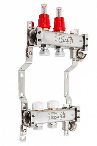 Коллекторная группа ESSAN GROUP802 нержавейка 1"x3/4" EK -2 выхода, с расходомерами (204 мм)
