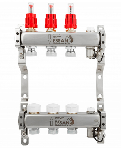 Коллекторная группа ESSAN GROUP802 нержавейка 1"x3/4" EK -3 выхода, с расходомерами (254 мм)