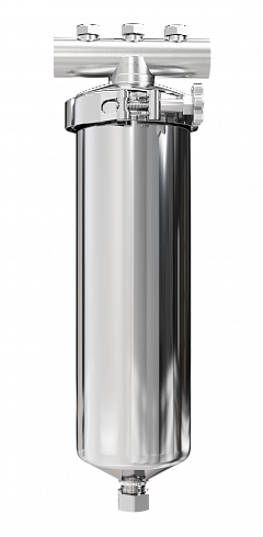 Корпус-колба фильтра из нержавейки ESSAN GUCTON горячая и холодная вода 10SL, 1/2" В, под 2 манометра
