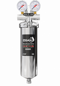 Корпус-колба фильтра из нержавейки ESSAN GUCTON горячая и холодная вода 10SL, 3/4" В,под 2 манометра