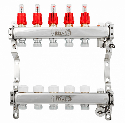 Коллекторная группа ESSAN GROUP802 нержавейка 1"x3/4" EK -5 выходов, с расходомерами (354 мм)