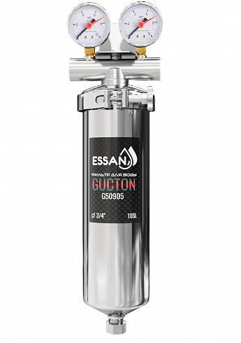 Корпус-колба фильтра из нержавейки ESSAN GUCTON горячая и холодная вода 10SL, 3/4" В,под 2 манометра