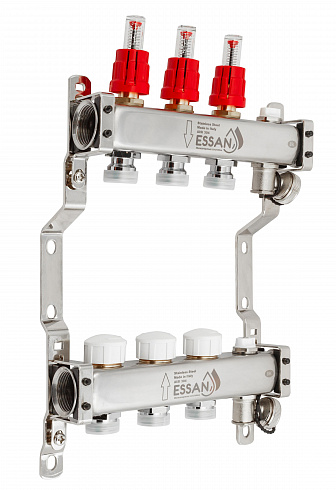 Коллекторная группа ESSAN GROUP802 нержавейка 1"x3/4" EK -3 выхода, с расходомерами (254 мм)